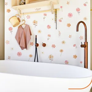 Elegant Morandi pink and orange floral wall stickers displayed in a modern bathroom scene