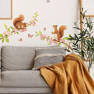 Watercolor Squirrel Peach Blossom Tree Branch Wall Stickers PVC Self Adhesive Decals For Bedroom Living Room Home Decor HY-E310