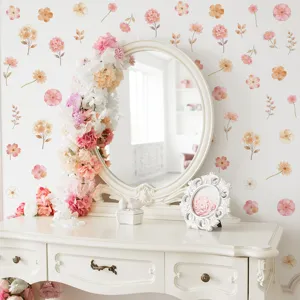 Morandi pink and orange floral wall stickers displayed in a romantic bedroom setting