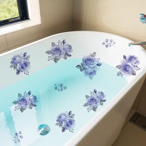 Self-adhesive purple rose floral stickers applied to bathtub for elegant bathroom decor