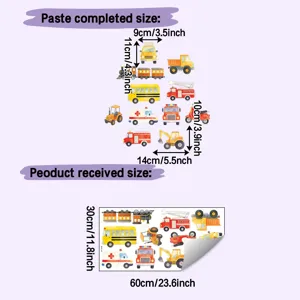 Construction vehicle wall stickers showing paste completed and product received dimensions