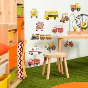 Cartoon Construction Vehicle Wall Stickers Watercolor Engineering Truck Ambulance School Bus PVC Self-Adhesive Wall Decals For Kids Room Home Decor