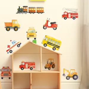 Watercolour cartoon vehicle wall stickers for nursery decor featuring fire truck and bus