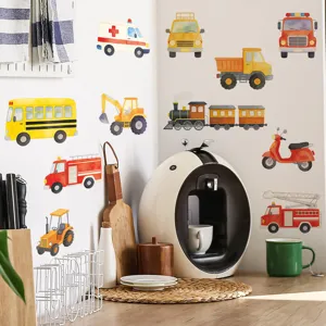 Watercolor vehicle wall stickers featuring ambulance fire truck and excavator home decor