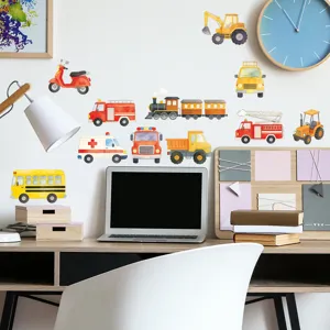 Cartoon vehicle wall sticker set featuring fire trucks and school buses on home office wall