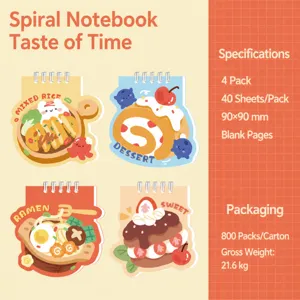 Cute mini cartoon spiral notebook set, 4-pack cute food themed pocket note pads, 90x90mm.
