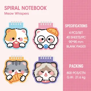 Close-up detail of cute cat shaped mini spiral notebooks, showing 40 blank pages and 90x90mm size.