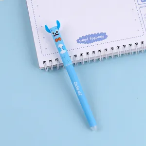 Bolígrafo de gel borrable azul con tapa de dibujos animados, bonita papelería escolar práctica.
