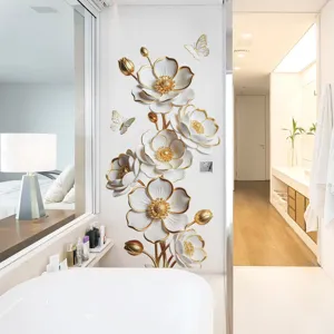 3D white and gold floral wall stickers decorating a modern bathroom interior wall