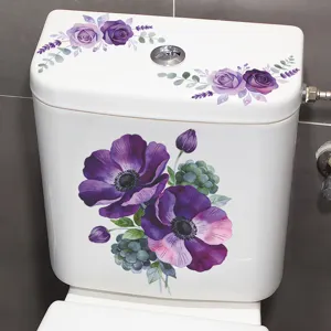 Waterproof Floral Toilet Stickers Elegant Anemone Rose Lavender PVC Self Adhesive Wall Decals For Bathroom Home Decor