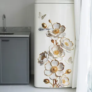 Detail view of 3D white and gold floral stickers applied to a white refrigerator