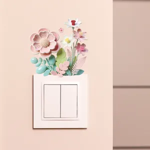3D macaron bloem lichtschakelaar sticker met reliëf textuur op een lichtroze muur.
