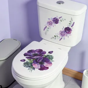Purple floral anemone and rose self-adhesive toilet stickers for bathroom home decor