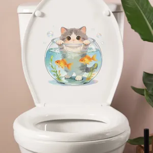 Cute cartoon cat in fishbowl toilet seat sticker decal for creative bathroom decoration