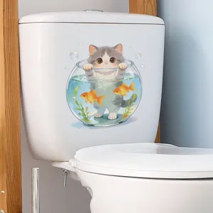 Cute cartoon cat in fishbowl toilet sticker for bathroom home wall decoration