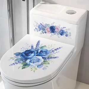 Elegant blue rose floral self-adhesive stickers applied to a white ceramic toilet lid