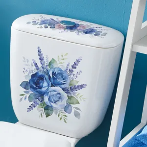 Macro detail of blue rose and lavender stickers applied to a white toilet tank.