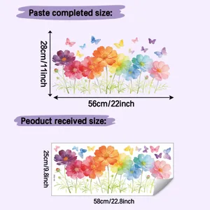 Detailed size guide for colorful cosmos flower wall stickers with butterfly accents