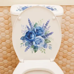 Macro view of watercolor blue rose and lavender floral self-adhesive toilet lid sticker