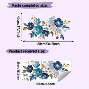 Dimensions illustration of blue enamel-style floral wall stickers in sheet and finished form