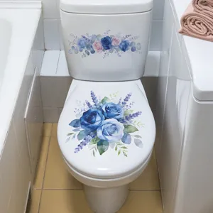 Blue rose and lavender floral toilet lid stickers in a clean bathroom setting