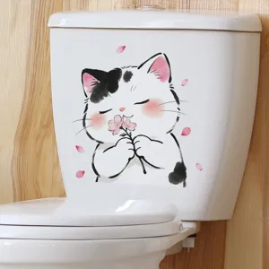 Detailed view of a cute watercolor cartoon cat toilet sticker holding a flower for bathroom decor