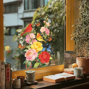 Floral Cardinal Butterfly Wall Stickers Peony Bird PVC Self-Adhesive Window Decals For Bedroom Living Room Glass Decor
