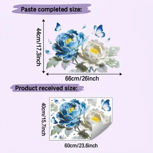 Detailed dimensions for 3D relief blue peony wall sticker showing layout and finished size