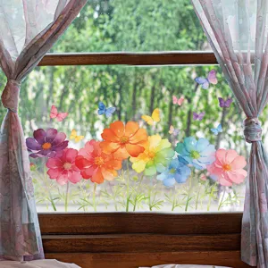 Gradient Galsang Flower Butterfly Window Stickers PVC Removable Watercolor Floral Wall Decals For Home Living Room Glass Decor