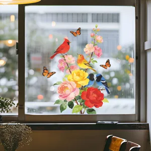 Vibrant bird and flower window decal sticker with red cardinal and monarch butterflies