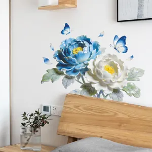 3D Relief Peony Wall Sticker Blue White Gradient Floral Butterfly Self Adhesive PVC Decal Home Decor For Bathroom Bedroom