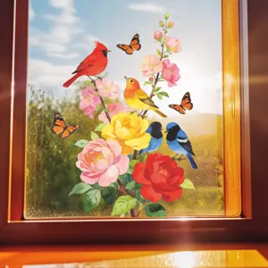 Detailed view of cardinal and peony window stickers showcasing natural sunlight effects
