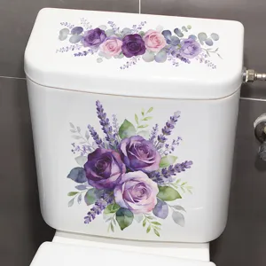 Detail of purple rose and lavender floral stickers applied on a white toilet tank