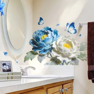 Detail of 3D embossed blue and white peony floral wall stickers for bathroom decor.