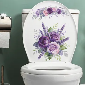 Floral toilet lid sticker with purple roses and lavender in a modern bathroom