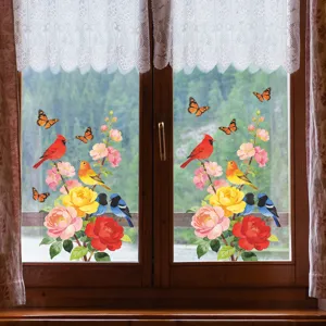 Decorative window decal featuring red cardinals, colorful peonies, and butterflies