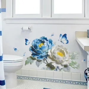 Close-up detail of 3D embossed blue and white peony wall sticker in bathroom setting