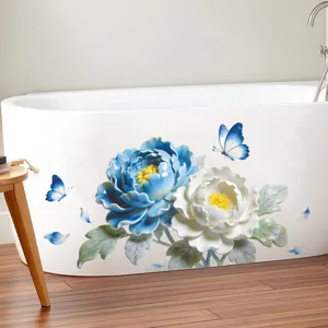 Detailed view of 3D embossed blue and white peony wall decals on a bathtub