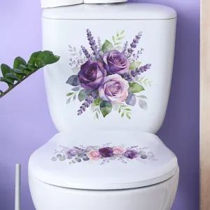 Floral toilet sticker decals with purple roses and lavender on white tank and lid