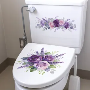 Detail view of purple rose and lavender floral stickers applied on a white toilet lid