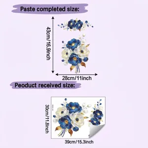Blue and white anemone flower wall stickers with dimension guides in cm and inches