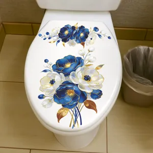 Detailed view of elegant blue and white floral toilet lid stickers for home decor