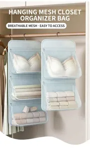 Hanging underwear storage bag detail showing breathable multi-layer mesh pockets in wardrobe.