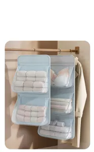 Hanging mesh underwear storage bag detail showing multi-layer compartments and breathable pockets.