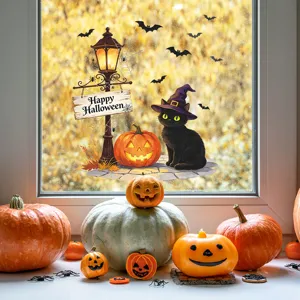 Adesivi Murali Halloween Gatto Nero Zucca Lanterna Cappello da Strega Finestra Camera da Letto Soggiorno Decorazione Casa