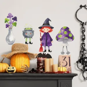 Halloween wall stickers featuring a cute red-haired witch and magical mushrooms