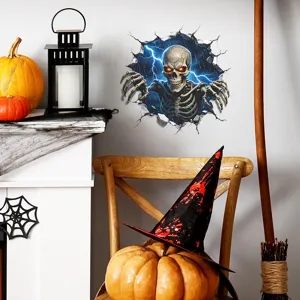 Vinilo de pared 3D Halloween esqueleto con efecto de rayo para decoración hogar