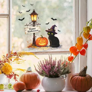 Dettaglio dell'adesivo per finestre di Halloween con gatto nero e zucca