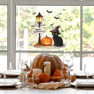 Dettaglio dell'adesivo di Halloween con gatto nero e lanterna di zucca