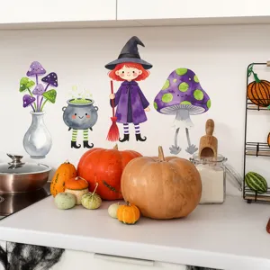 Close-up detail of Halloween wall stickers featuring a cute cartoon witch and purple mushrooms